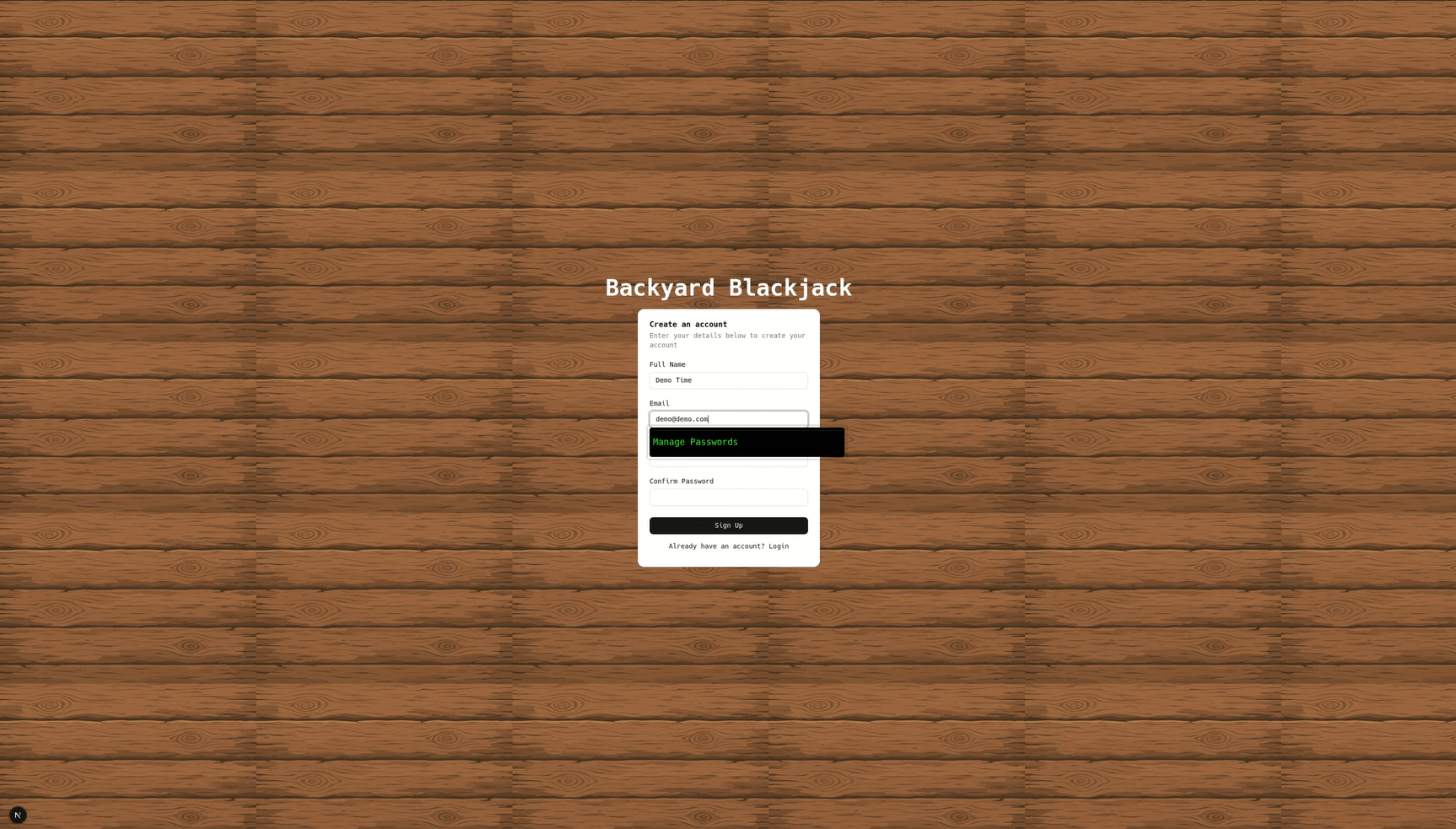 Click to enlarge Backyard Blackjack login screen